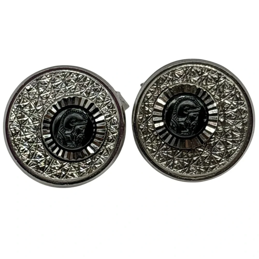 Roman Soldier Cufflinks Textured Round Silver Tone Vintage Metal Bullet Back‎